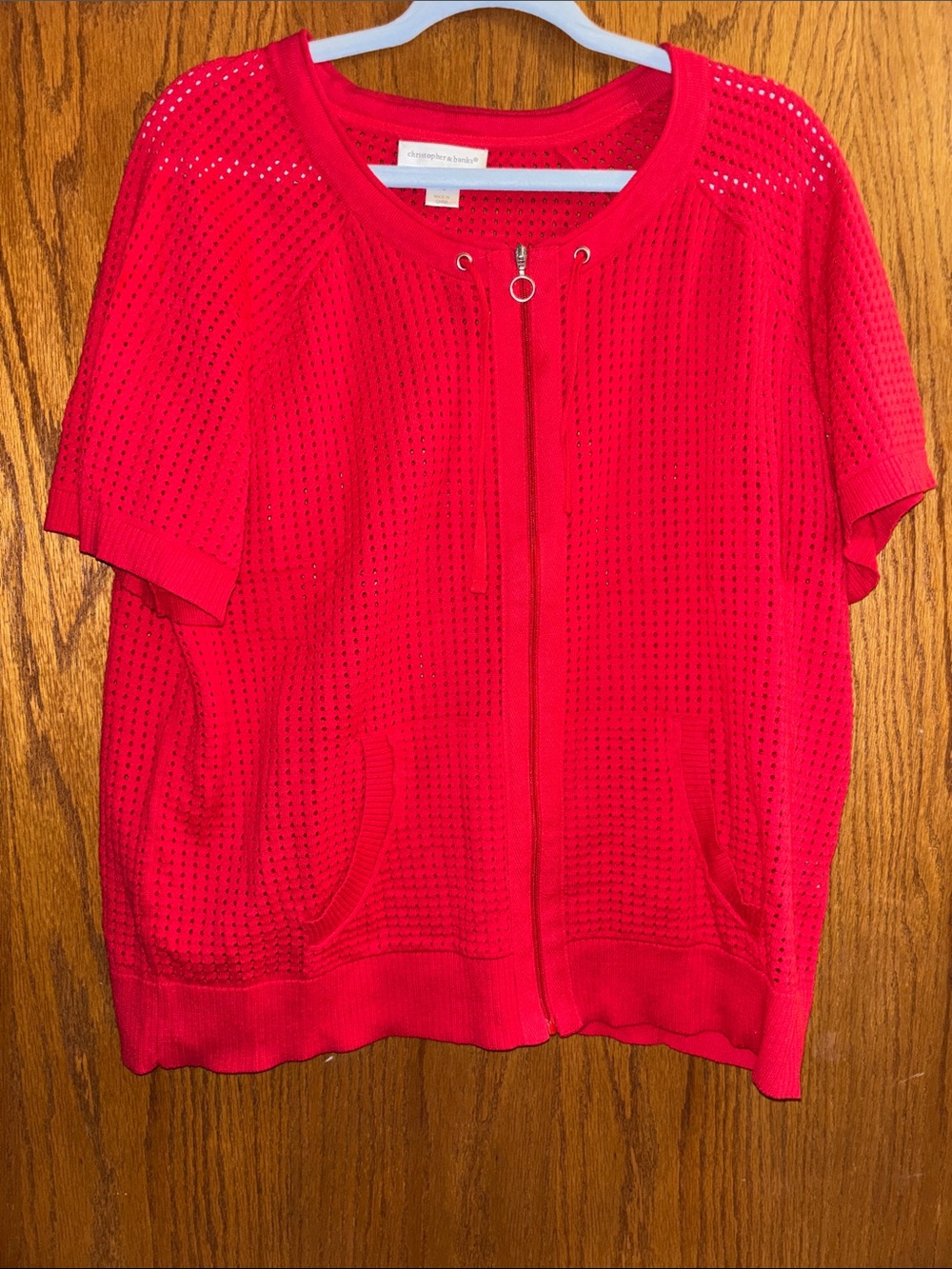 Christopher & Banks Bright Red Short-Sleeve Zip Front Knit